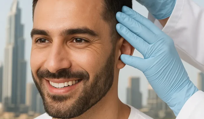 A confident man after a successful hair transplant in Dubai showing natural hair growth results.