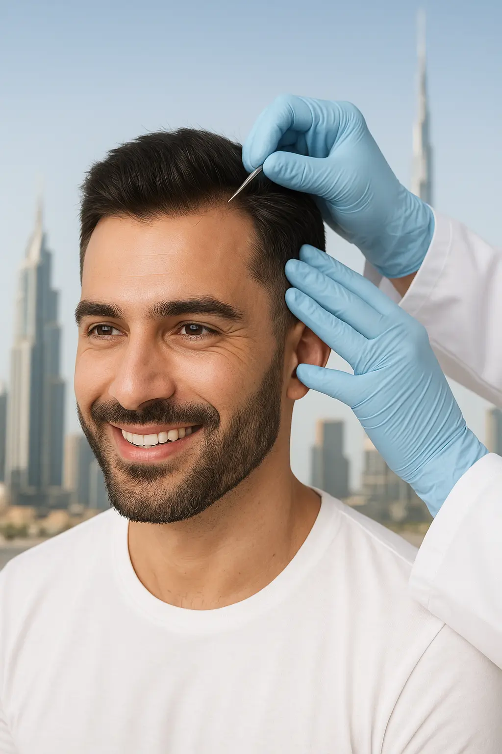 A confident man after a successful hair transplant in Dubai showing natural hair growth results.