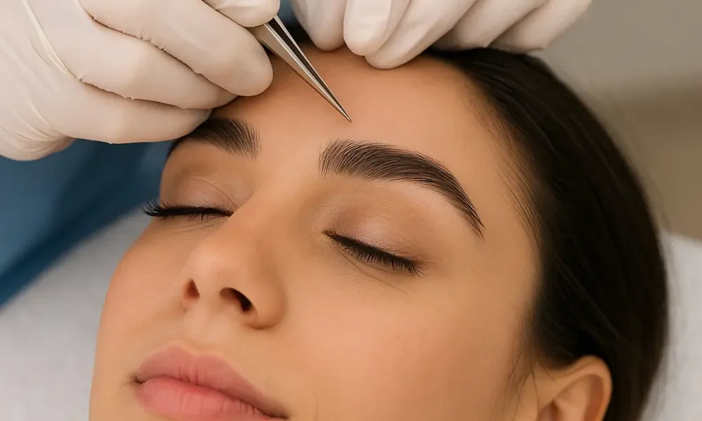 Close-up of a woman undergoing an eyebrow transplant procedure in a luxury Dubai clinic