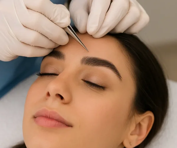 Close-up of a woman undergoing an eyebrow transplant procedure in a luxury Dubai clinic