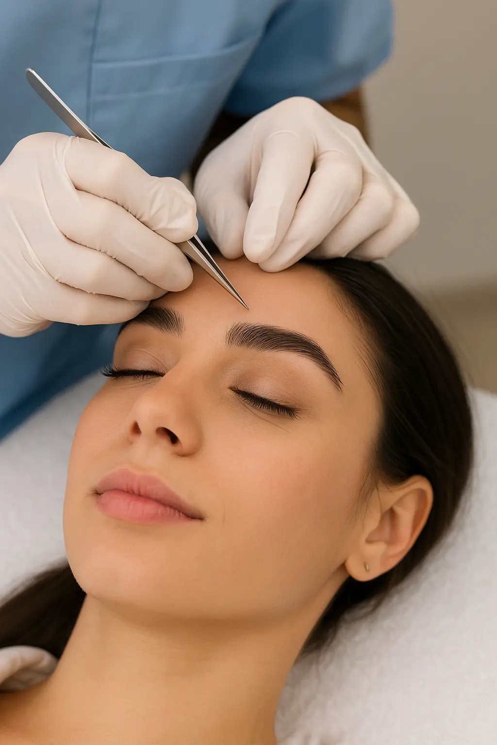 Close-up of a woman undergoing an eyebrow transplant procedure in a luxury Dubai clinic