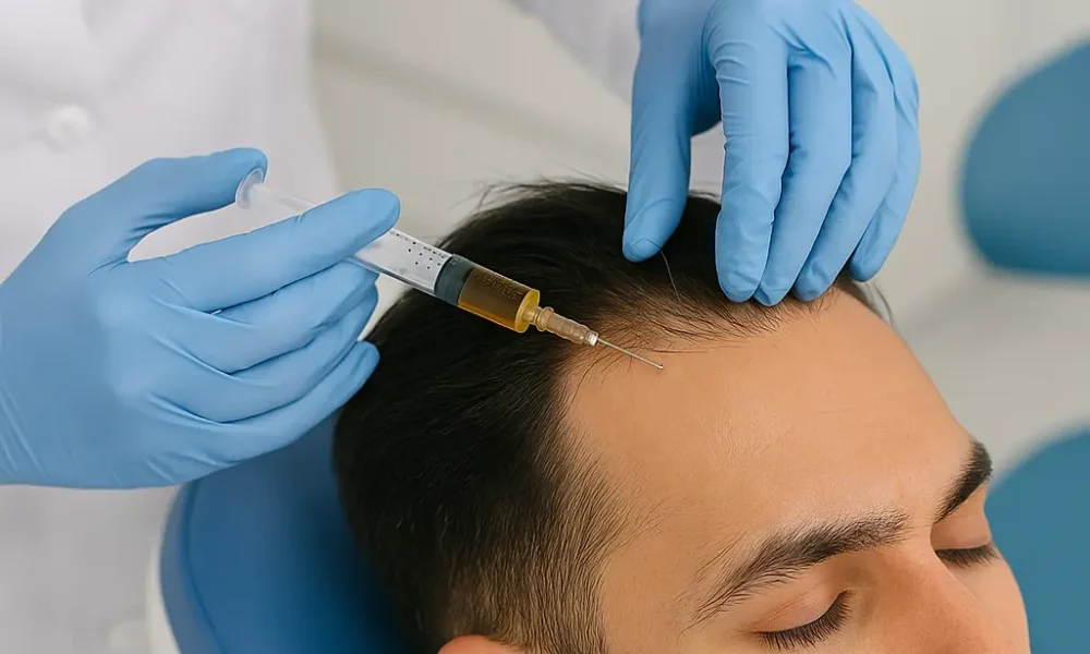 A doctor performing PRP hair treatment on a patient in a Dubai clinic