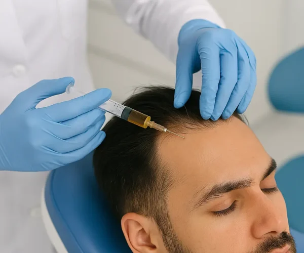 A doctor performing PRP hair treatment on a patient in a Dubai clinic