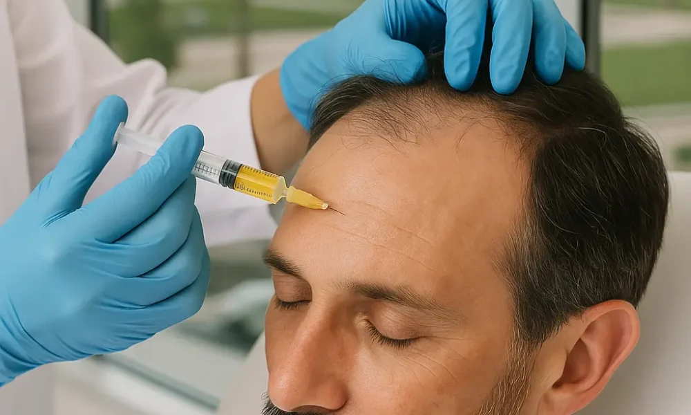 A patient receiving PRP hair treatment in a modern Dubai clinic with a specialist preparing the injection.