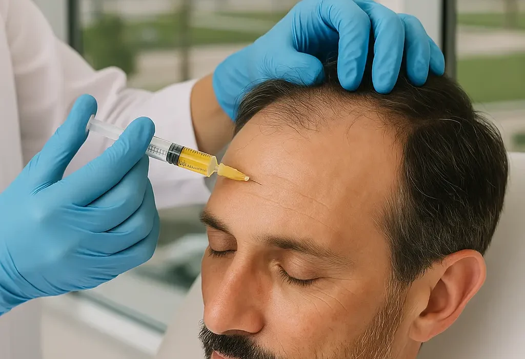 A patient receiving PRP hair treatment in a modern Dubai clinic with a specialist preparing the injection.
