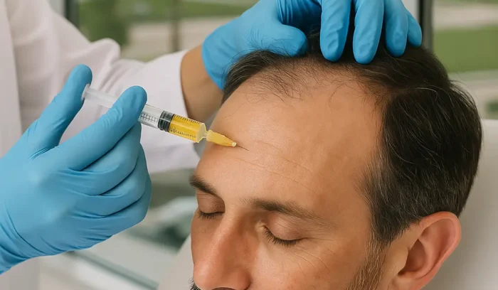 A patient receiving PRP hair treatment in a modern Dubai clinic with a specialist preparing the injection.