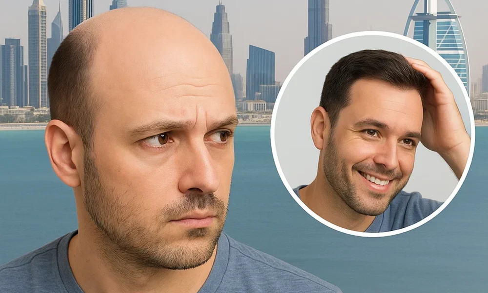 A doctor consulting a male patient at a leading hair transplant clinic in Dubai, discussing FUE and PRP treatment options for hair restoration in 2025.