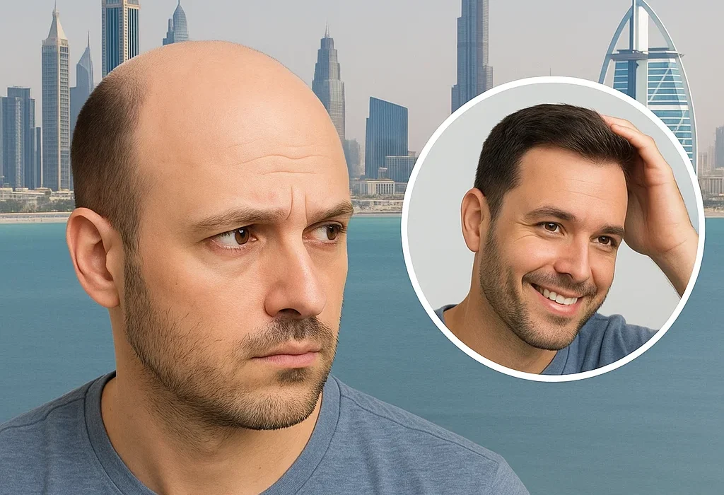 A doctor consulting a male patient at a leading hair transplant clinic in Dubai, discussing FUE and PRP treatment options for hair restoration in 2025.