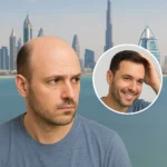 A doctor consulting a male patient at a leading hair transplant clinic in Dubai, discussing FUE and PRP treatment options for hair restoration in 2025.