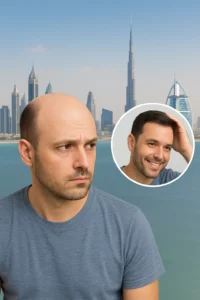A doctor consulting a male patient at a leading hair transplant clinic in Dubai, discussing FUE and PRP treatment options for hair restoration in 2025.