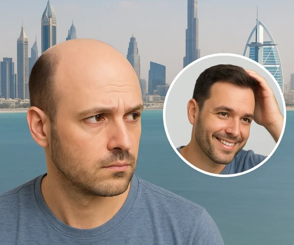 A doctor consulting a male patient at a leading hair transplant clinic in Dubai, discussing FUE and PRP treatment options for hair restoration in 2025.