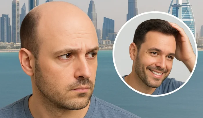 A doctor consulting a male patient at a leading hair transplant clinic in Dubai, discussing FUE and PRP treatment options for hair restoration in 2025.