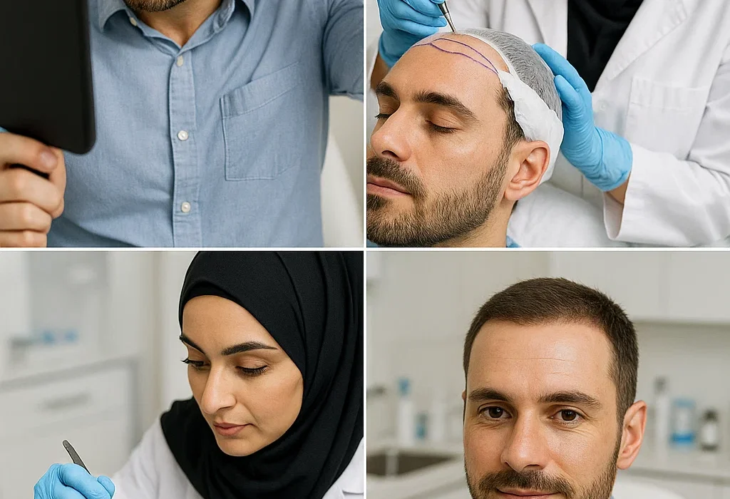FUE hair transplant procedure in Dubai clinic 2025 – male patient before and after