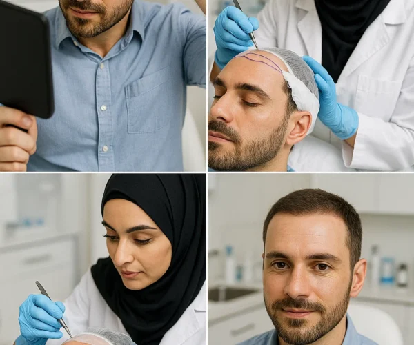 FUE hair transplant procedure in Dubai clinic 2025 – male patient before and after