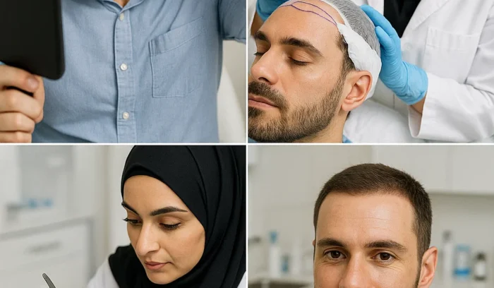 FUE hair transplant procedure in Dubai clinic 2025 – male patient before and after
