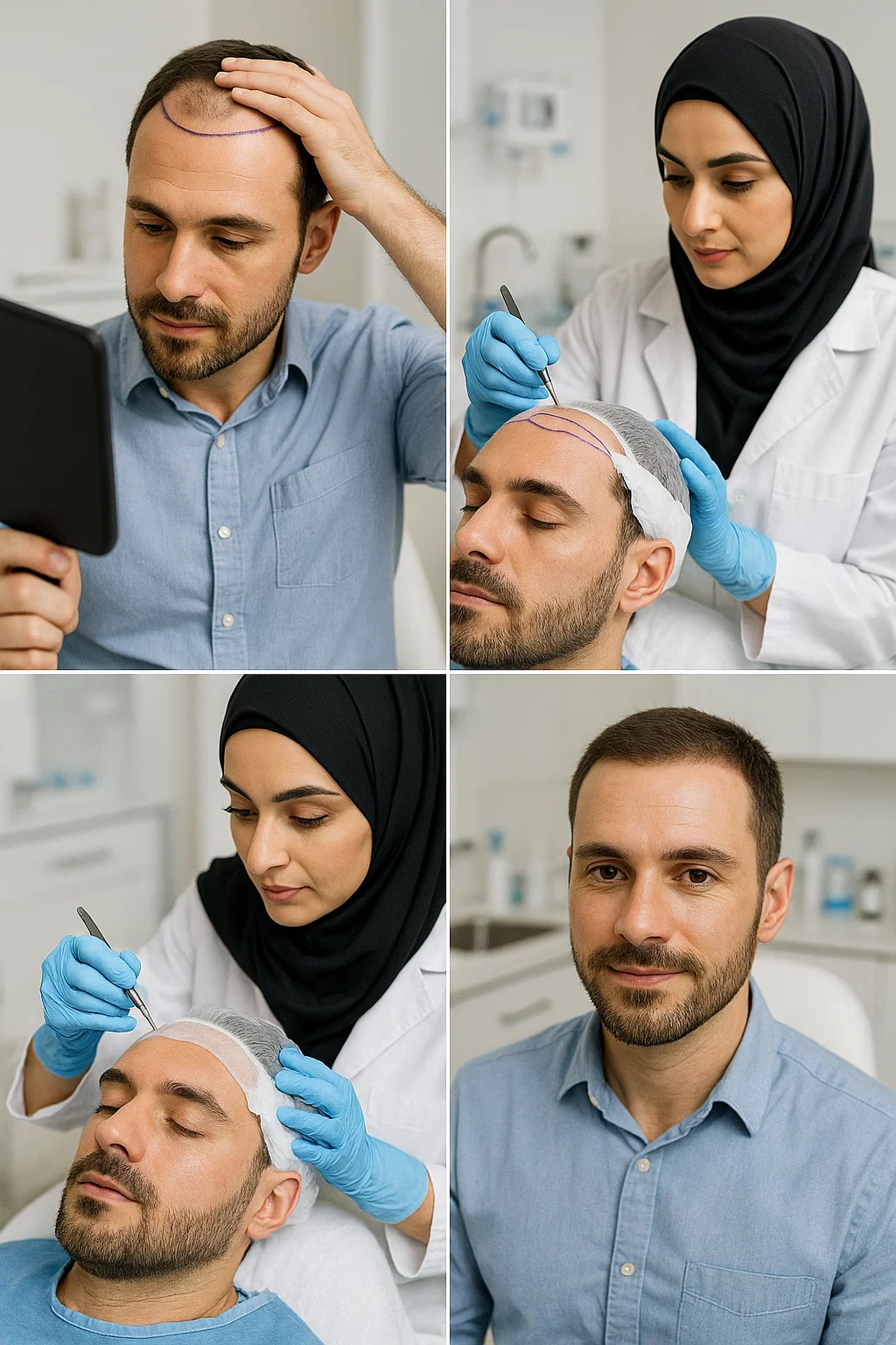 FUE hair transplant procedure in Dubai clinic 2025 – male patient before and after