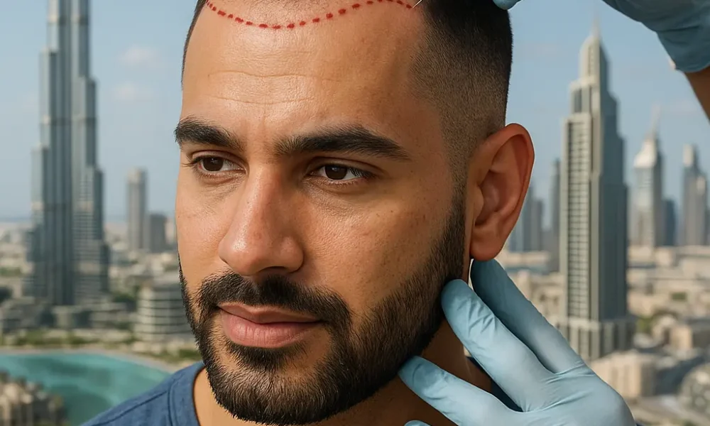 Before and after results of FUE hair transplant for men in Dubai in 2025