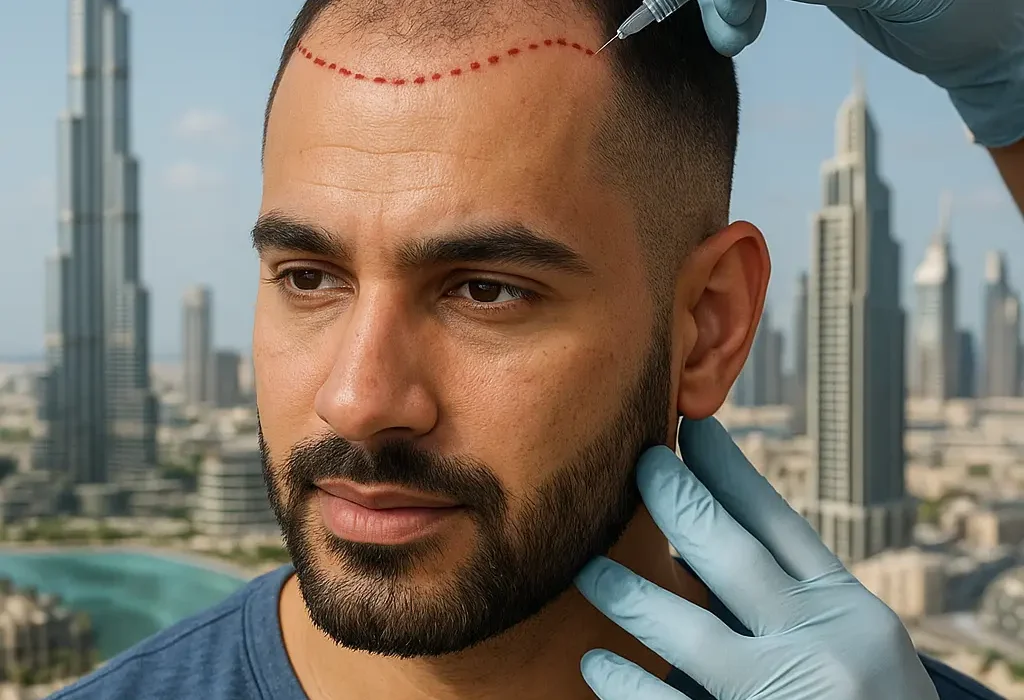 Before and after results of FUE hair transplant for men in Dubai in 2025