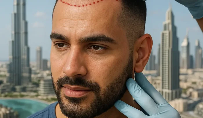 Before and after results of FUE hair transplant for men in Dubai in 2025