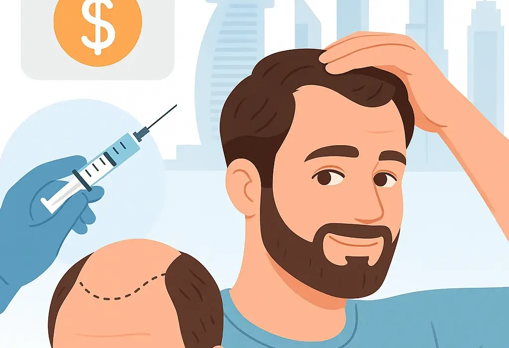 A confident man smiling after a successful hair transplant in Dubai, showcasing natural hair growth results made possible through affordable installment plans.