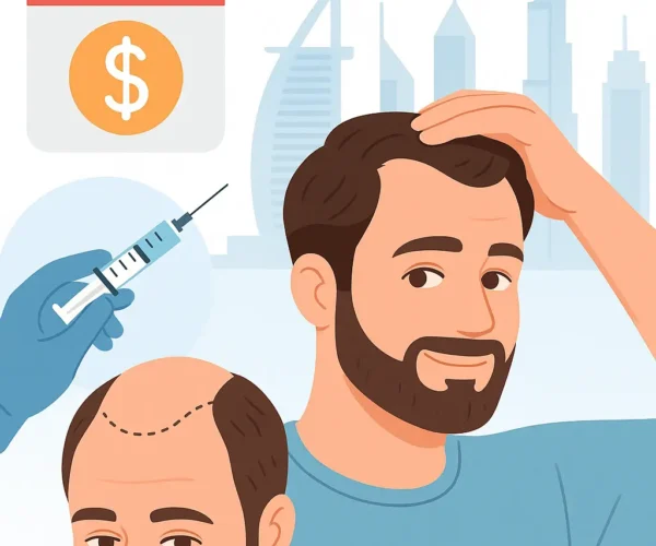 A confident man smiling after a successful hair transplant in Dubai, showcasing natural hair growth results made possible through affordable installment plans.