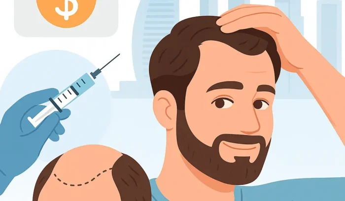 A confident man smiling after a successful hair transplant in Dubai, showcasing natural hair growth results made possible through affordable installment plans.