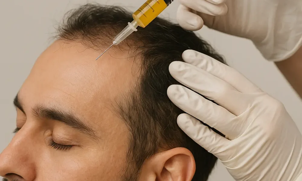 Close-up of PRP hair treatment procedure in a Dubai clinic showing natural follicle stimulation