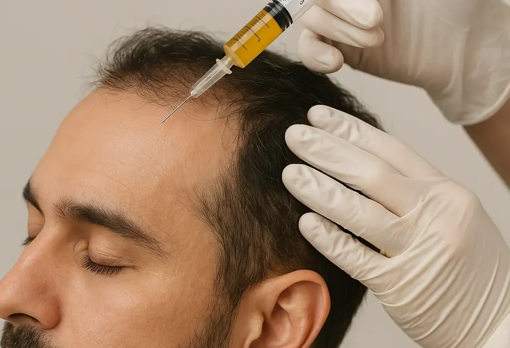 Close-up of PRP hair treatment procedure in a Dubai clinic showing natural follicle stimulation