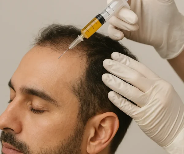Close-up of PRP hair treatment procedure in a Dubai clinic showing natural follicle stimulation