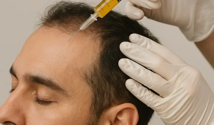 Close-up of PRP hair treatment procedure in a Dubai clinic showing natural follicle stimulation