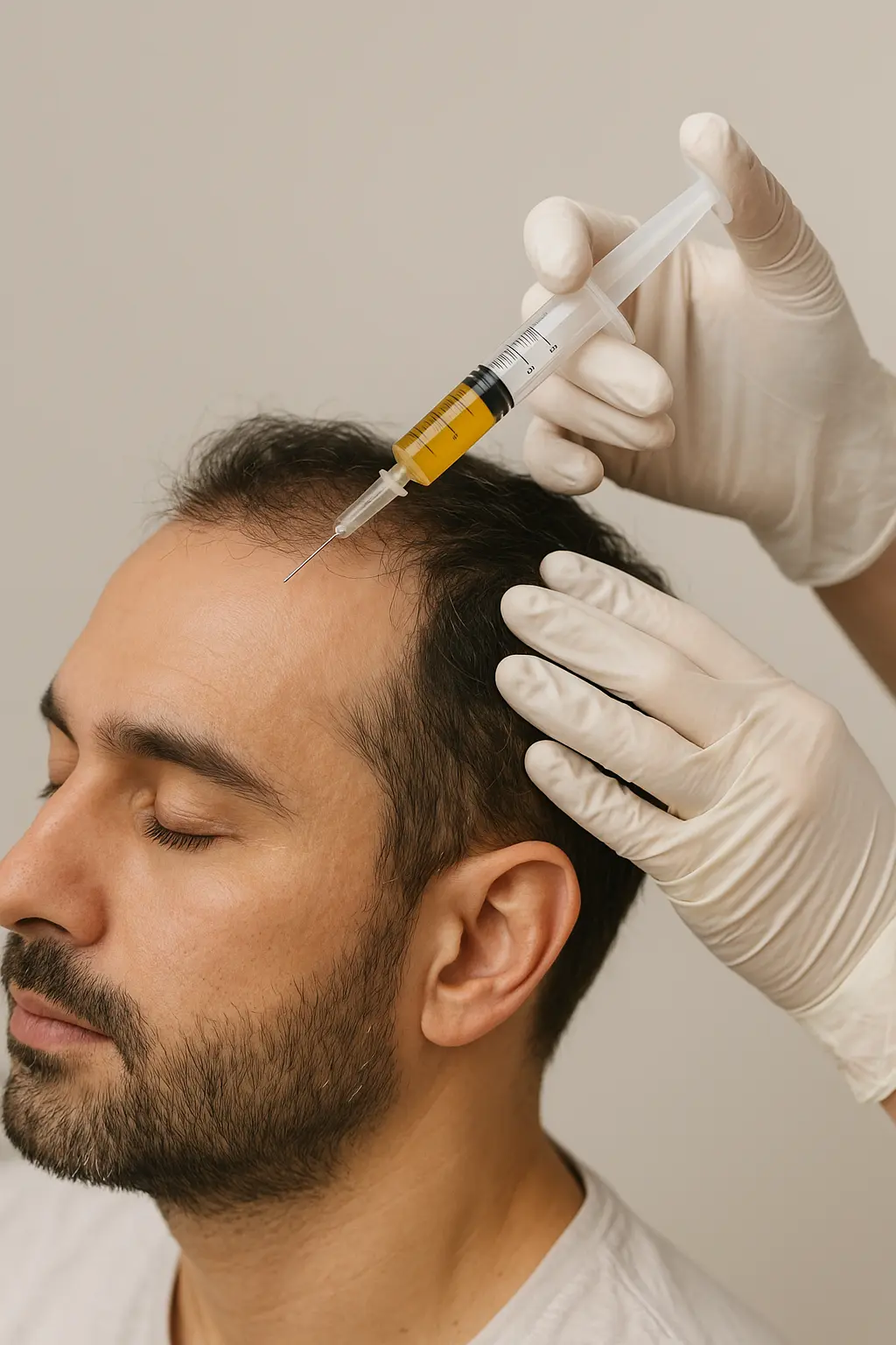 Close-up of PRP hair treatment procedure in a Dubai clinic showing natural follicle stimulation